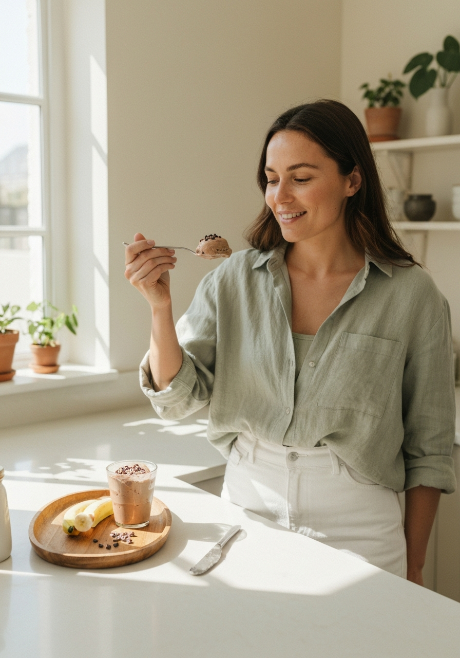 Woman scooping creamy homemade protein ice cream from a Ninja CREAMi pint into a bowl
