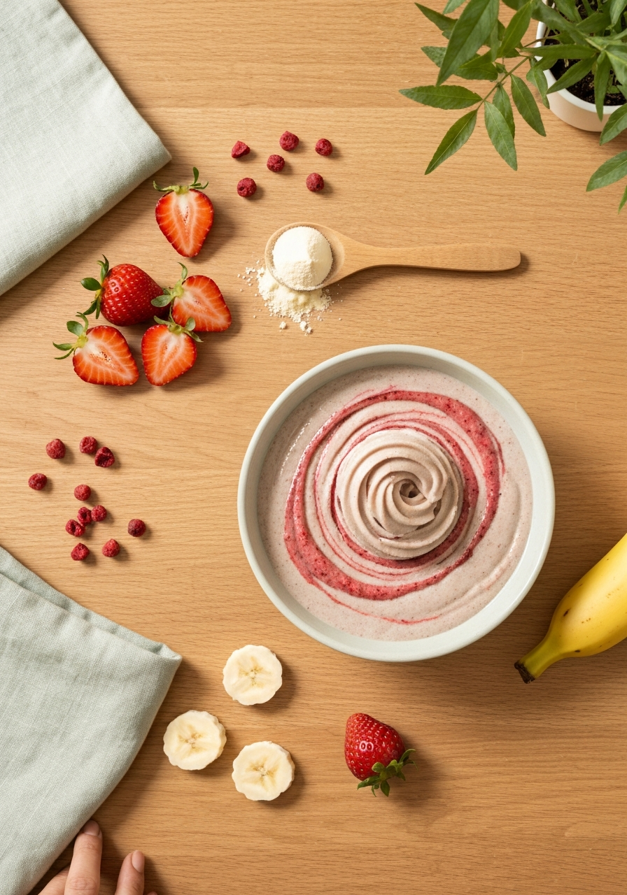 vanilla protein ice cream topped with fresh berries and a spoon