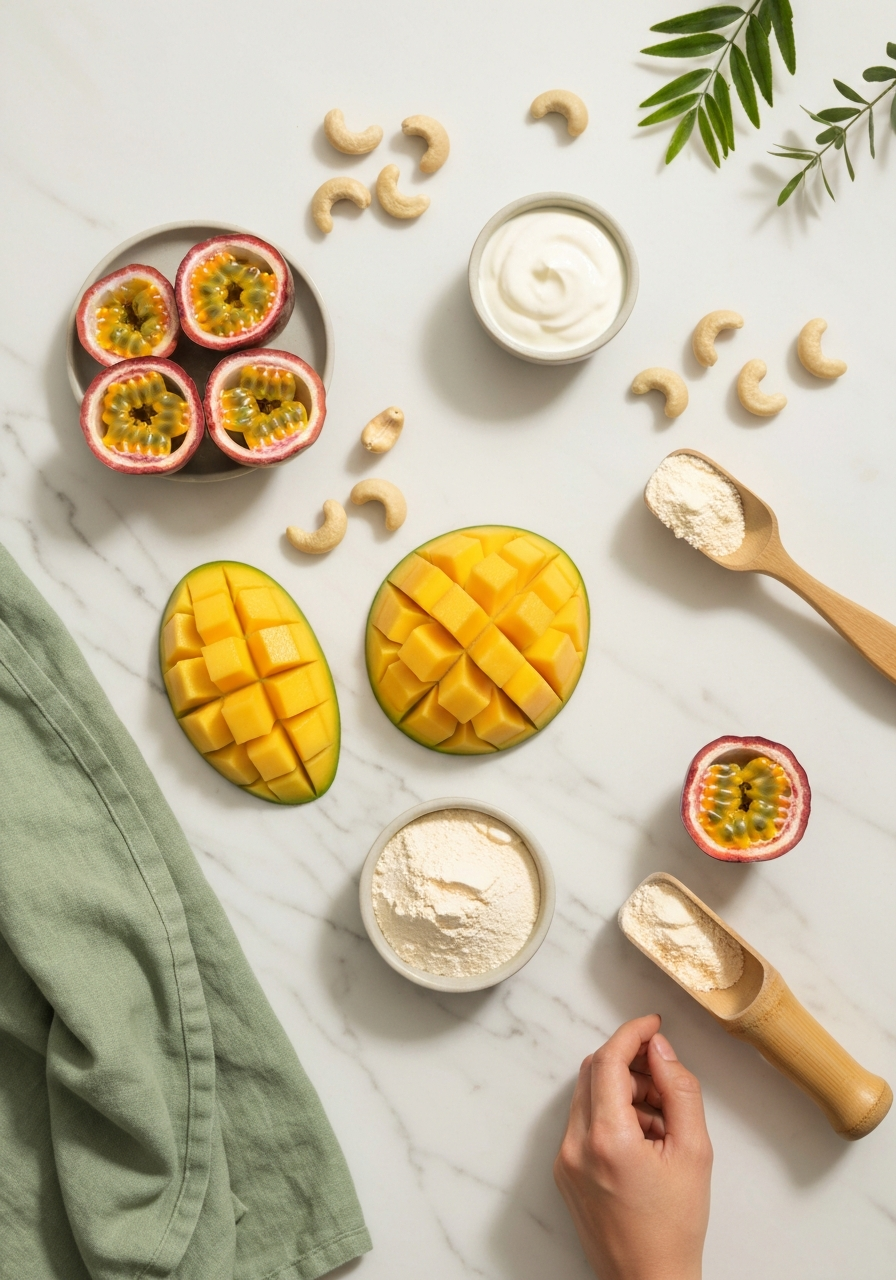 Ninja CREAMi machine on a kitchen counter surrounded by fresh fruit and protein powder
