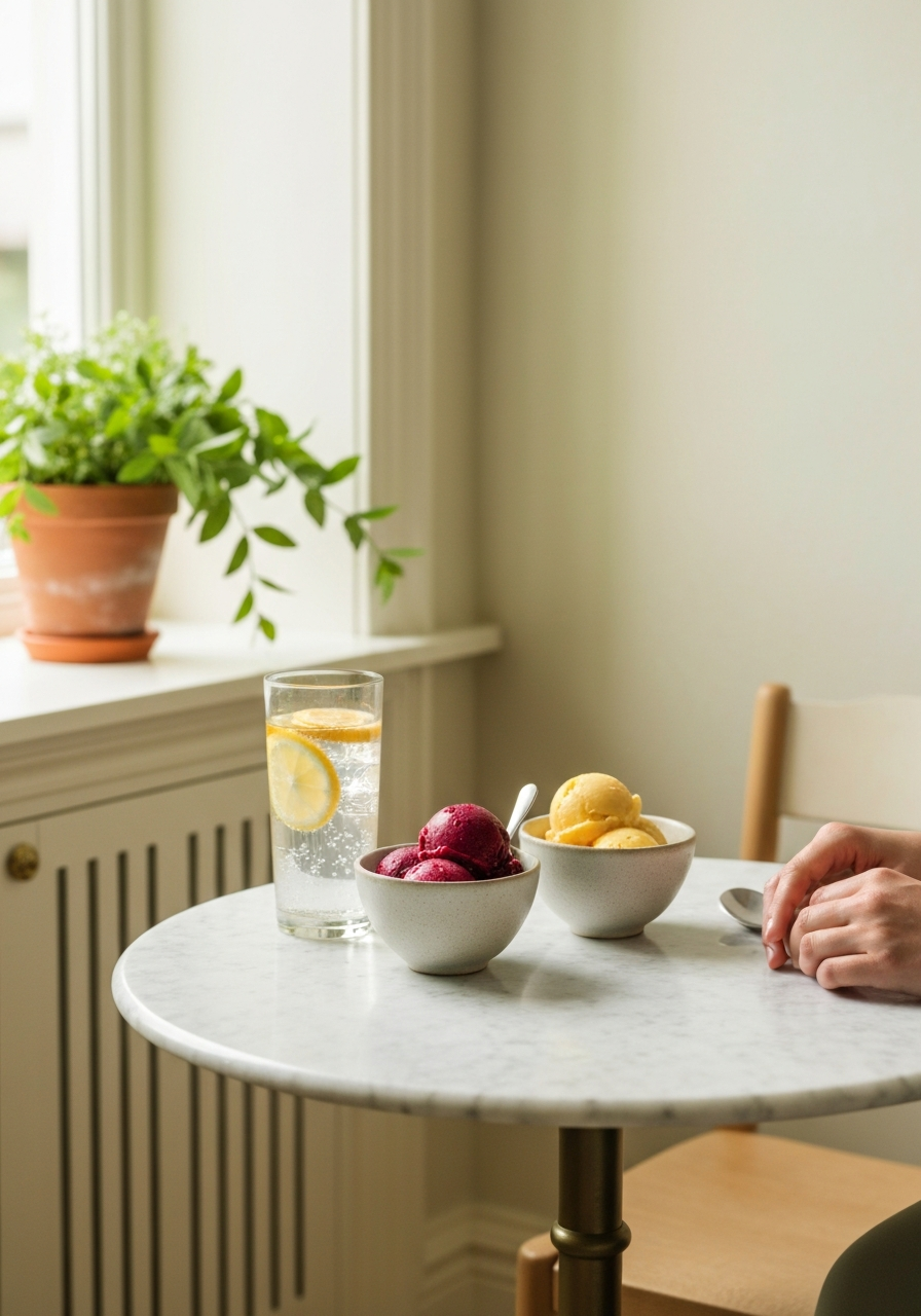 assortment of colorful fruit sorbets in glass bowls on a summer table