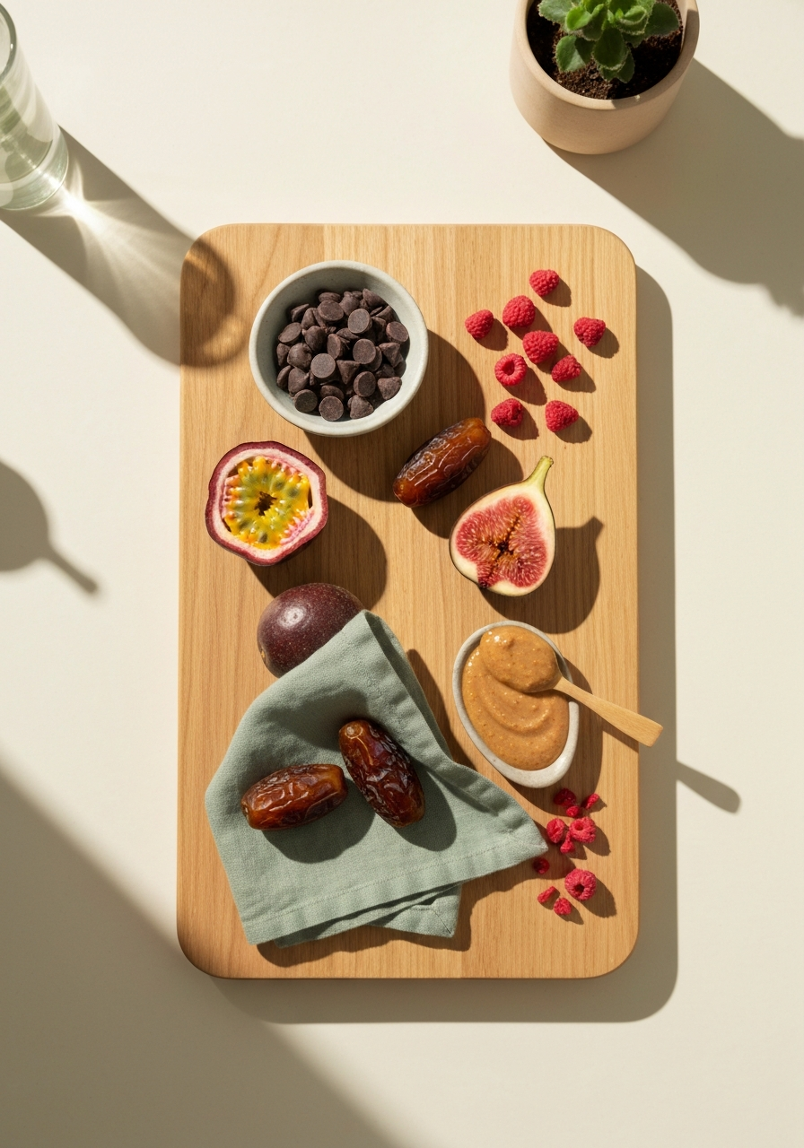 flat-lay of Ninja CREAMi ingredients including milk, yogurt, and fresh fruit on a kitchen counter
