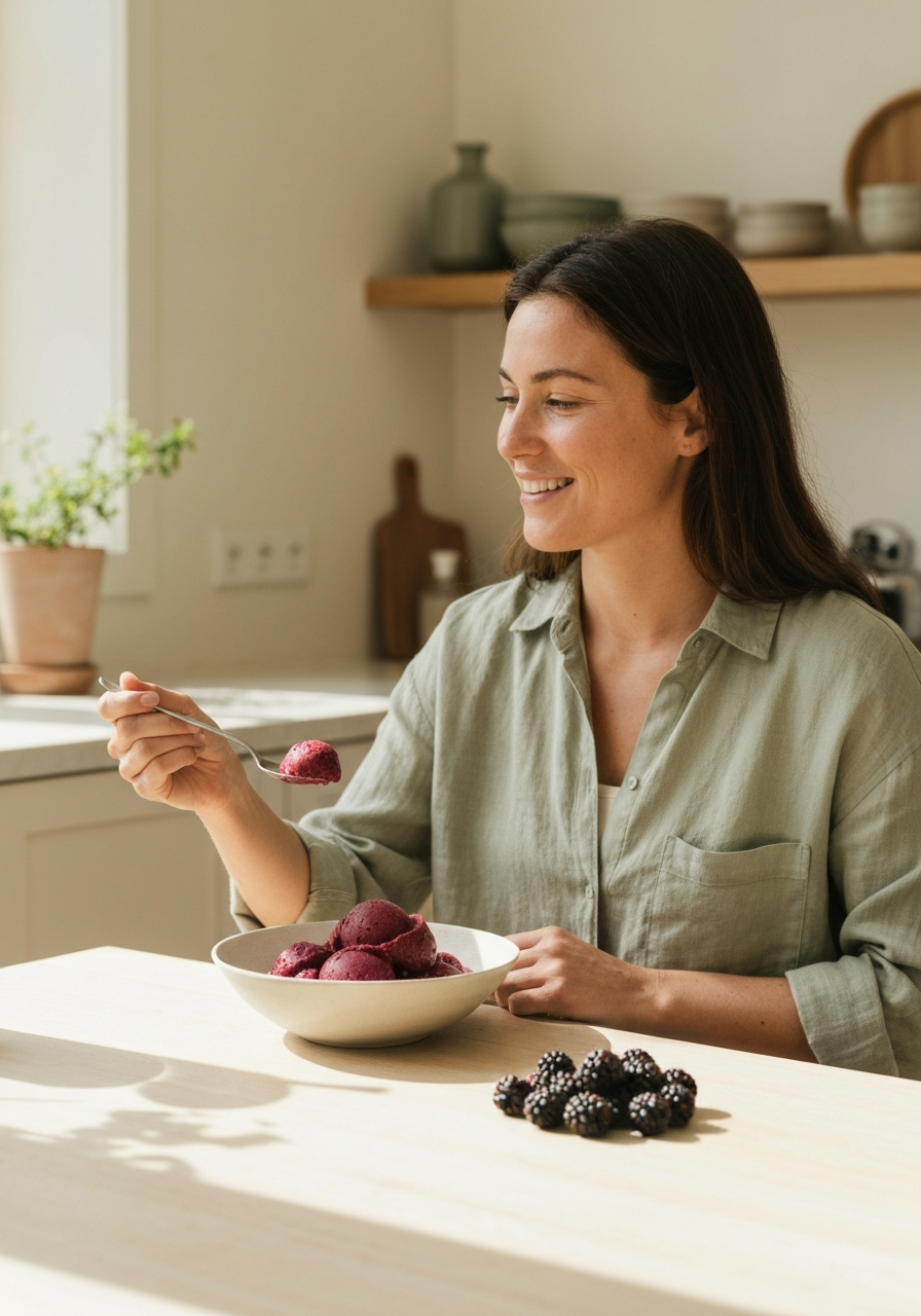 woman pouring ice cream base into a ninja creami pint container in a bright kitchen